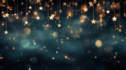Fototapeta na wymiar Blurred bokeh light on dark blue background. Christmas and New Year holidays template. Abstract glitter defocused blinking stars and sparks.