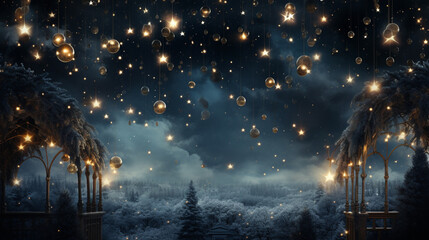 Magic night dark blue sky with sparkling stars. Gold glitter powder splash background. Golden scattered dust. Midnight milky way. Christmas winter texture with clouds.