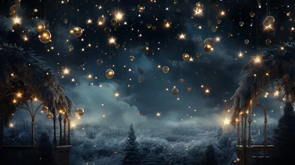 Fotobehang Magic night dark blue sky with sparkling stars. Gold glitter powder splash background. Golden scattered dust. Midnight milky way. Christmas winter texture with clouds. © Nataliia