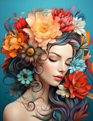 Beautiful woman with flowers, woman's face, Model face, Illustration woman face, A4 Book cover