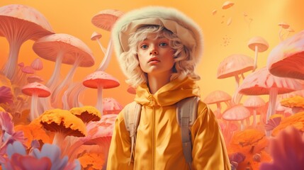 A girl in a yellow raincoat and hat standing in a field of mushrooms