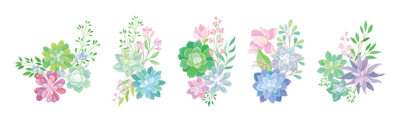 Succulent Plant Floral Composition with Fleshy Flower and Twigs Vector Set