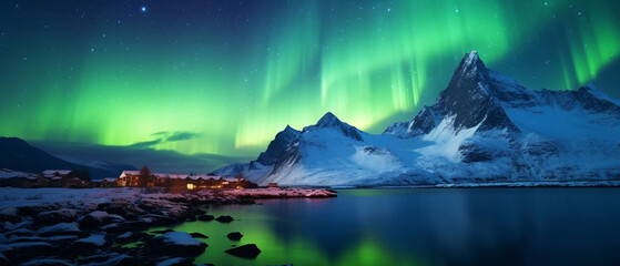 Naklejka premium Northern lights and reflection on the water surface with night starry sky against background of mountains and lakes. natural concept