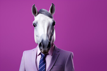 Portrait of a horse in businessman suit and tie on a isolated background.