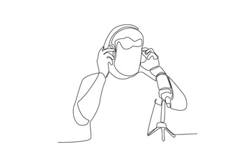 One continuous line drawing of man getting ready to plug in headphones to record a podcast
