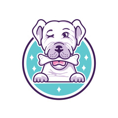 The logo's dog mascot eats bones. Animal Hand-Drawn Logo.




