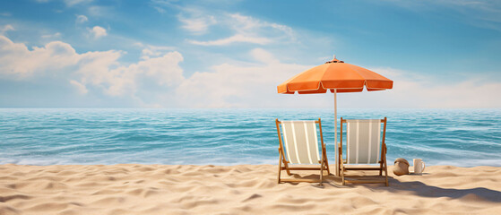 Sea sand beach. Panoramic beach landscape and two chairs with umbrella. summer natural background concept - Powered by Adobe