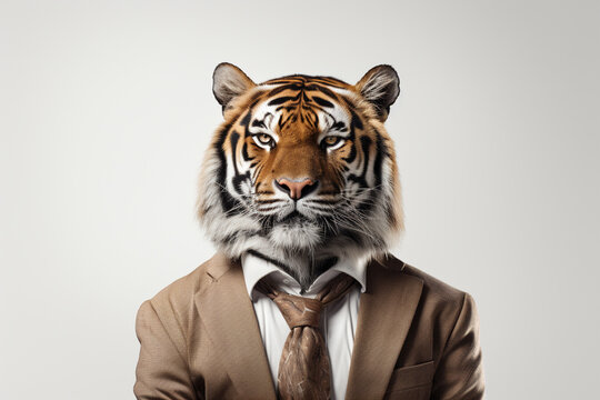 Portrait of a tiger in a businessman suit on a gray background.