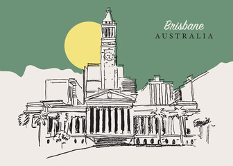Drawing sketch illustration of the city council building of Brisbane, Australia - obrazy, fototapety, plakaty