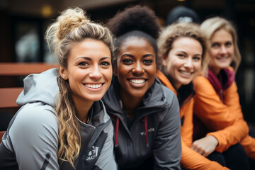 group of female friends in the city. Diversity and multi cultural friendships between women and athlets. 