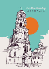 Fototapeta premium Drawing sketch illustration of the New Athos Monastery in Abkhazia