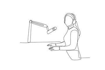 One continuous line drawing of woman getting ready to tell a story on podcast
