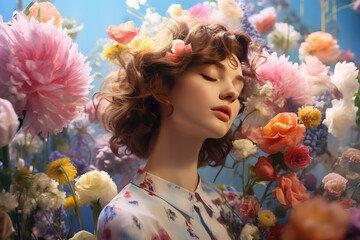 dreaming girl with flowers in the garden