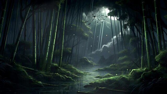bamboo forest during the rainy season, seamless looping video background animation, cartoon style