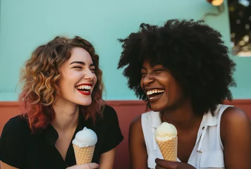 Rolgordijnen female friends eating ice cream and laughing  © Olga