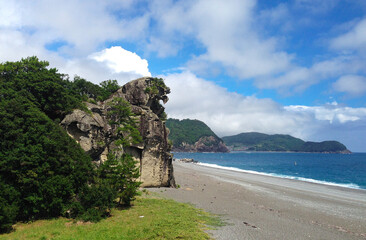 Shishi Cliff is shaped like a lion. Located on Shichirimihama Beach. Kumano City, Mie Prefecture