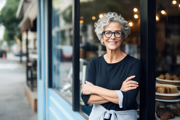 Happy smiling middle aged older adult woman small local business owner standing outside own cafes. - obrazy, fototapety, plakaty