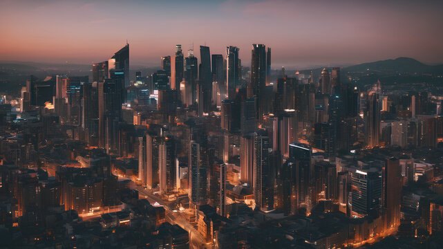 Photo image of a panorama of the evening city. Wallpaper illustration. AI generation