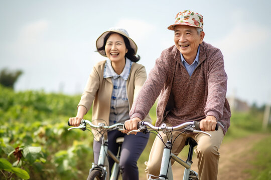 Happy asian matured couple riding bike at countryside road
