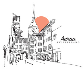 Drawing sketch illustration of a medieval street in Aarau, Switzerland
