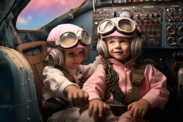 Two funny kids sitting in a cockpit and having fun. Adorable scene with small children. A happy scene with bright colors.