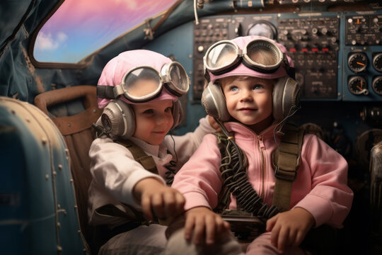 Two funny kids sitting in a cockpit and having fun. Adorable scene with small children. A happy scene with bright colors.