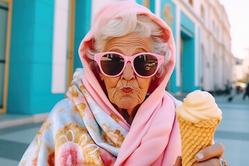 street photo of an elderly woman with ice cream and glasses, the concept of happy retirement, inner freedom and energetic adulthood
