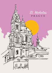 Drawing sketch illustration of St. Nicholas Church in Prague, Czechia
