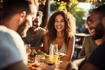 Millennial friends enjoying a fun-filled social gathering at an outdoor restaurant - obrazy, fototapety, plakaty