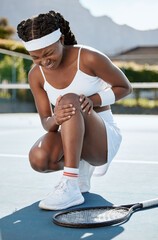 Sports, tennis and black woman with knee injury, medical crisis or first aid problem, mistake or...