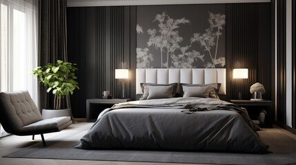 Monochrome bedroom with a statement wall, in the style of modern chic, black and white