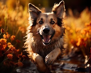 German Shepherd dog running in the sunny meadow