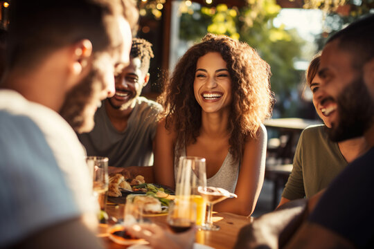 Millennial friends enjoying a fun-filled social gathering at an outdoor restaurant