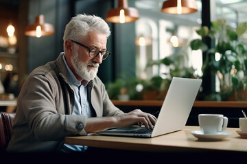 Old man in cafe working on laptop computer.