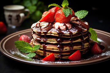 photo pancakes with strawberries and chocolate decorated with mint leaf