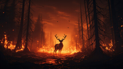 Silhouette of deer with fire in the forest