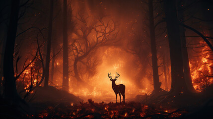 Deer with fire in the forest