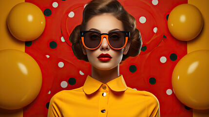 Women portrait in the style of retro revival, primary red and comic yellow, vintage vibes, dotted...