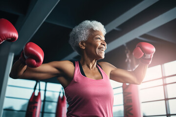 Senior woman exhibiting strength and resilience as a boxer