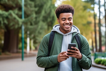 Fototapeta premium Smiling African American girl walking in university park using mobile phone shopping online
