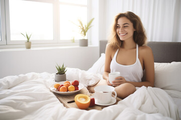 Obraz na płótnie Canvas Young woman eating breakfast in bed