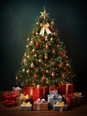 Fototapeta na wymiar Beautiful decorated Christmas tree with gift boxes isolated on dark background