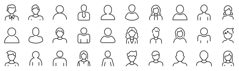 Set of outline icons related to avatars for user interface. Linear icon collection. Editable stroke. Vector illustration - obrazy, fototapety, plakaty