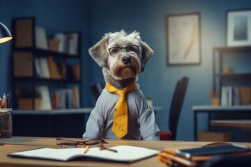 a dog in a blue shirt and a tie sits at an office desk, a dog in an office with a tie