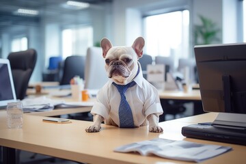 a dog in a white shirt with a tie sits at the office desk, a dog in the office with a tie - obrazy, fototapety, plakaty