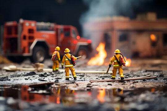 Toy firefighters amid rubble, with a water puddle in the foreground, a blazing building and fire truck in the background.