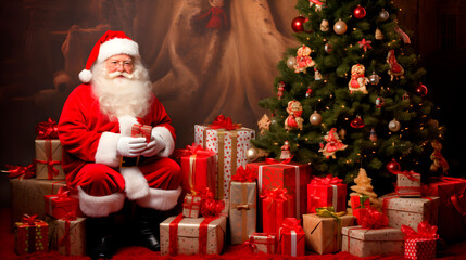 Professional studio photo of modern Santa Claus with gifts, decorations and Christmas tree