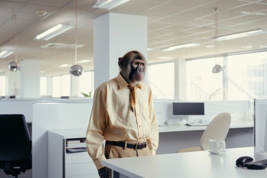 a monkey in a yellow shirt with a tie sits at the office desk, a monkey in the office with a tie
