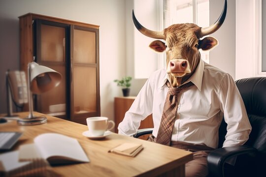 a bull in a pink shirt and a tie sits at the office desk, a cow in the office with a tie