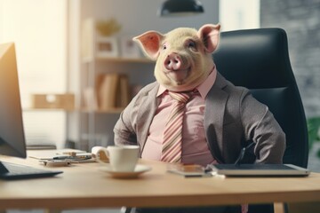a pig in a pink shirt with a tie sits at the office desk, a pig in the office with a tie - obrazy, fototapety, plakaty